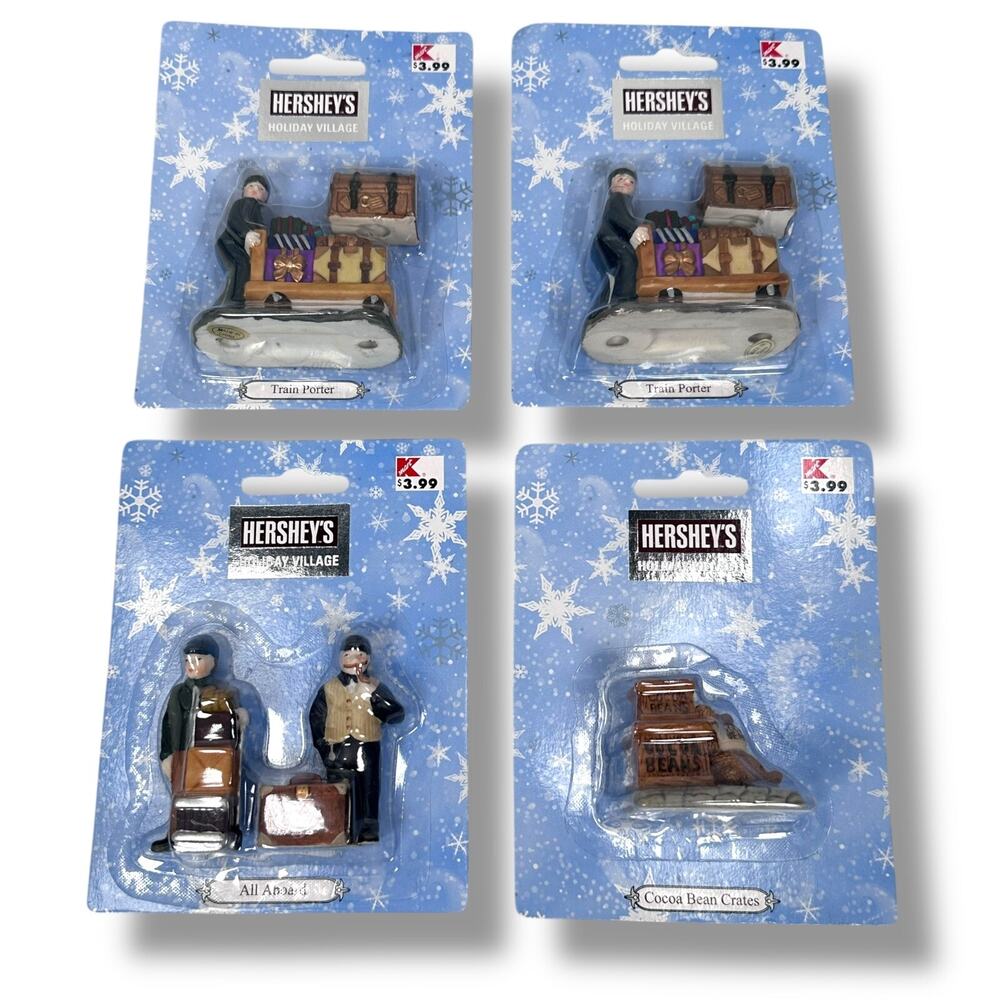 Hershey's Holiday Village Train Cocoa Bean Crates & All Aboard Figurines Lot‎ 4